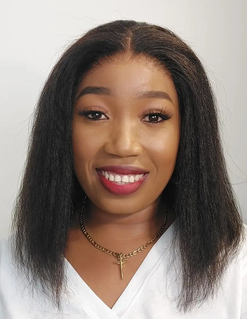 Perruque sans colle yaki avec les pointes cheveux humain 12 pouces HD closure 6x4 couleur noire