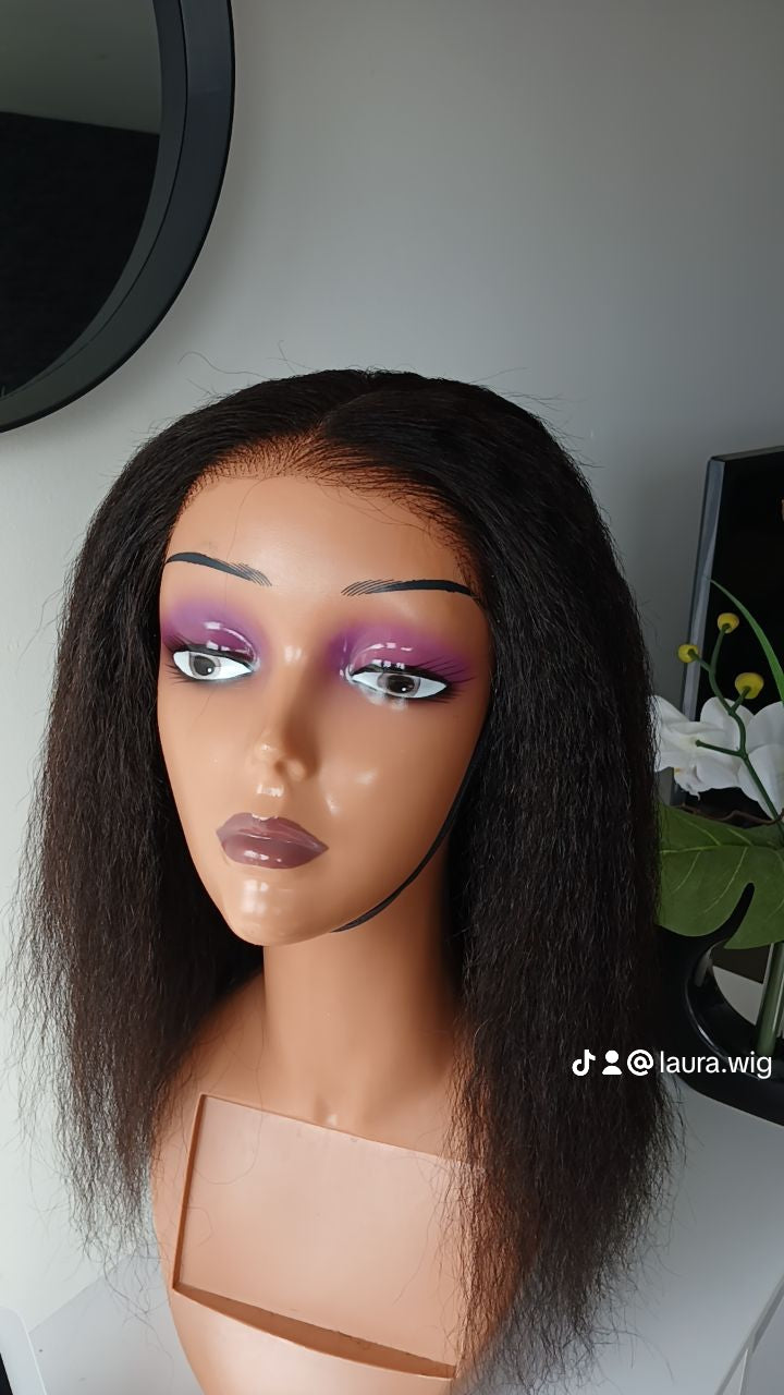 Perruque sans colle yaki hd  cheveux humain 14 pouces closure 6x4 couleur noire