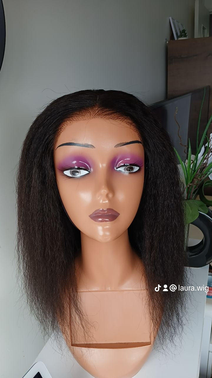 Perruque sans colle yaki hd  cheveux humain 14 pouces closure 6x4 couleur noire